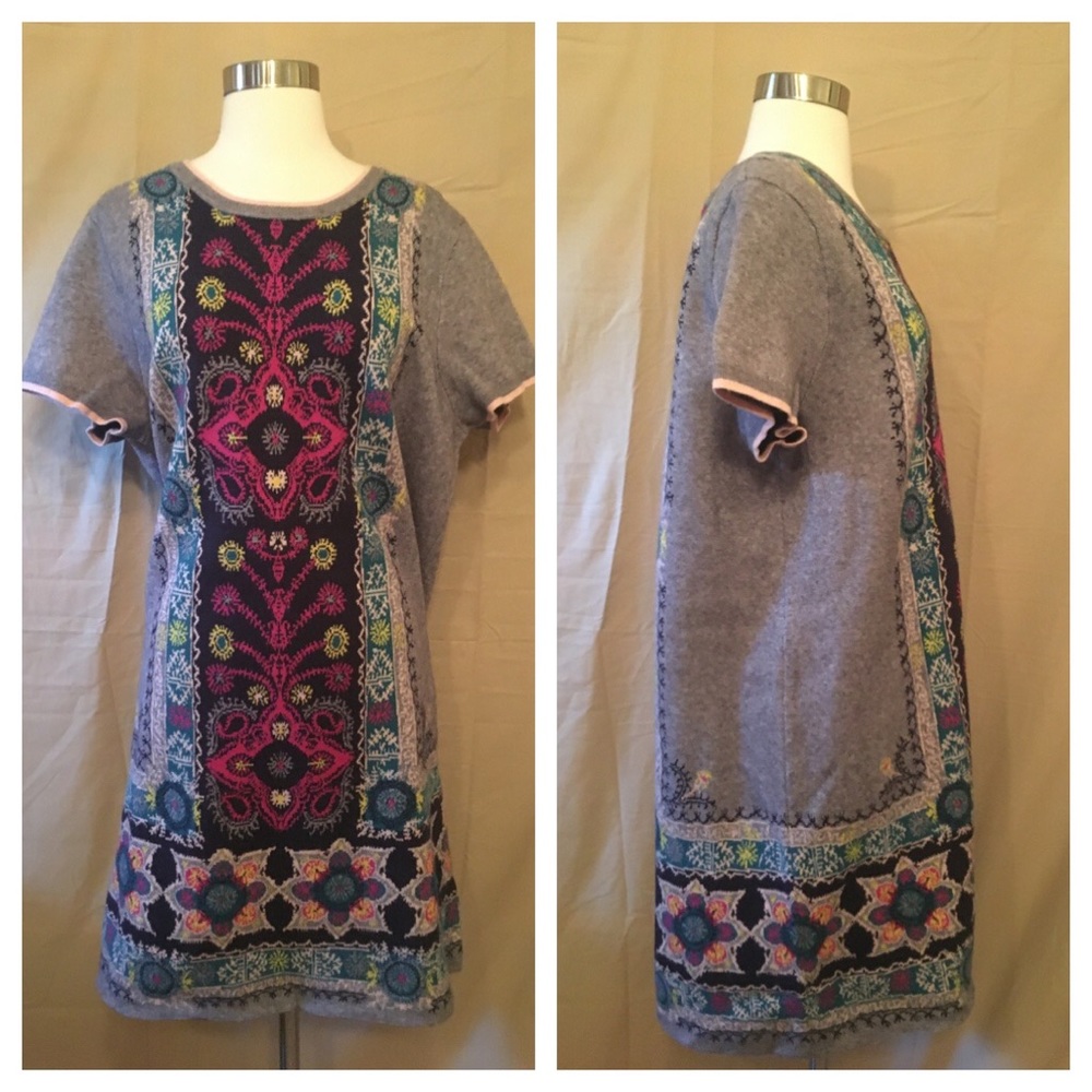 Anthropologie Grey Shift Dress with Navy and Fuchsia Embroidered Panel - Picture 3 of 6